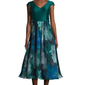 NWT Theia Floral Print Cap Sleeve Midi Silk Blend Tea Length-sz 0